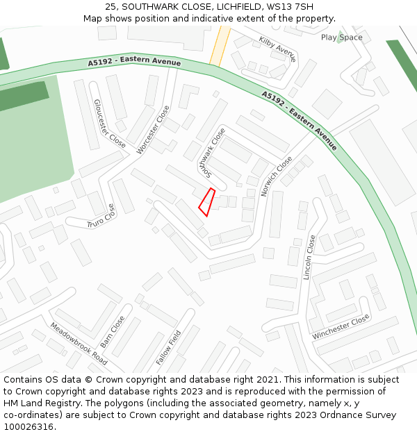 25, SOUTHWARK CLOSE, LICHFIELD, WS13 7SH: Location map and indicative extent of plot