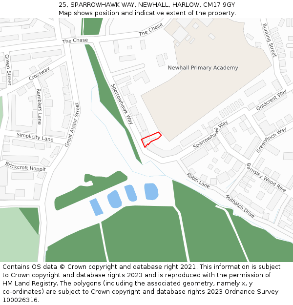 25, SPARROWHAWK WAY, NEWHALL, HARLOW, CM17 9GY: Location map and indicative extent of plot