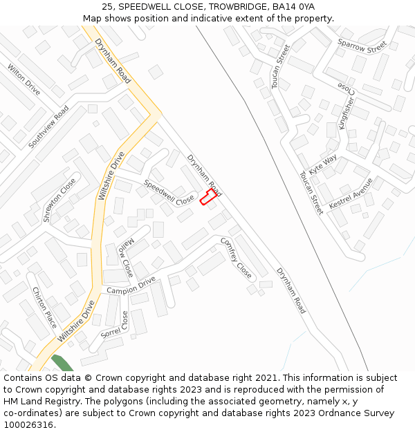 25, SPEEDWELL CLOSE, TROWBRIDGE, BA14 0YA: Location map and indicative extent of plot