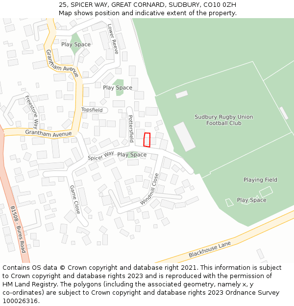 25, SPICER WAY, GREAT CORNARD, SUDBURY, CO10 0ZH: Location map and indicative extent of plot