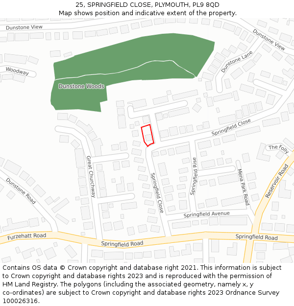 25, SPRINGFIELD CLOSE, PLYMOUTH, PL9 8QD: Location map and indicative extent of plot