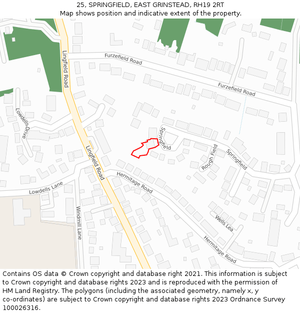 25, SPRINGFIELD, EAST GRINSTEAD, RH19 2RT: Location map and indicative extent of plot