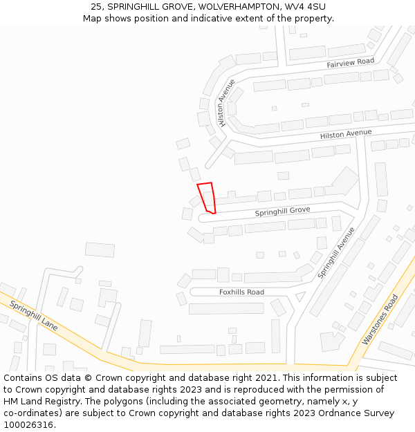 25, SPRINGHILL GROVE, WOLVERHAMPTON, WV4 4SU: Location map and indicative extent of plot