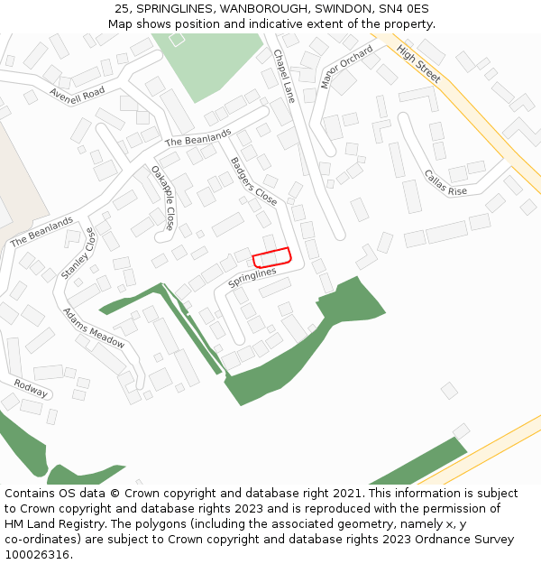 25, SPRINGLINES, WANBOROUGH, SWINDON, SN4 0ES: Location map and indicative extent of plot