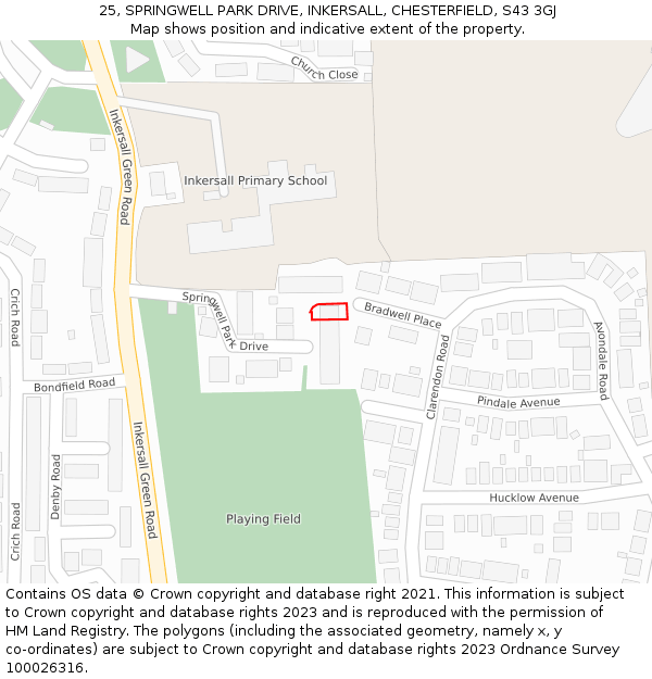 25, SPRINGWELL PARK DRIVE, INKERSALL, CHESTERFIELD, S43 3GJ: Location map and indicative extent of plot