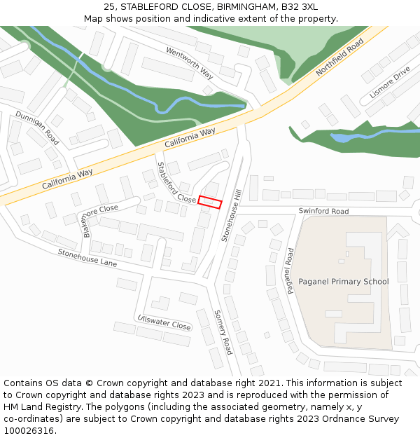 25, STABLEFORD CLOSE, BIRMINGHAM, B32 3XL: Location map and indicative extent of plot