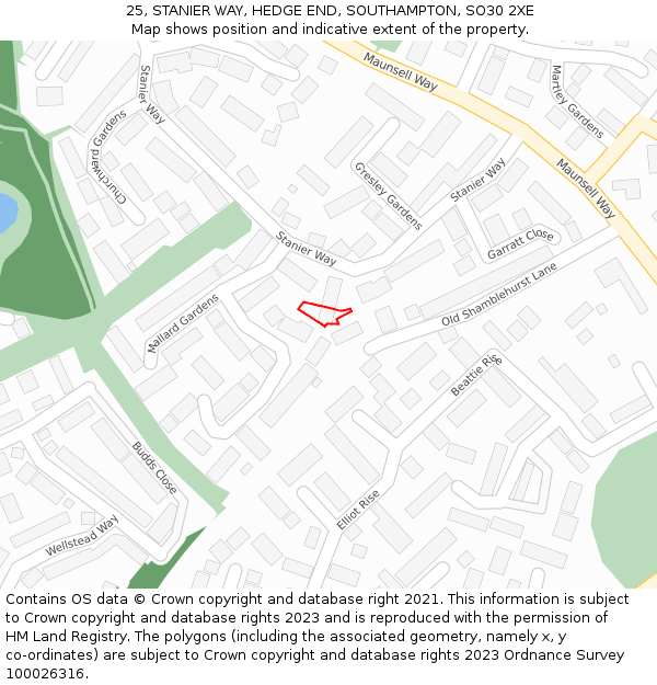 25, STANIER WAY, HEDGE END, SOUTHAMPTON, SO30 2XE: Location map and indicative extent of plot