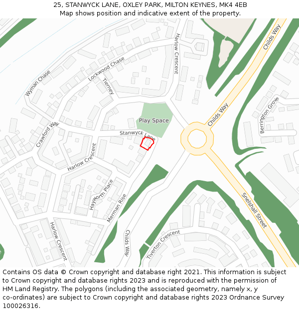 25, STANWYCK LANE, OXLEY PARK, MILTON KEYNES, MK4 4EB: Location map and indicative extent of plot