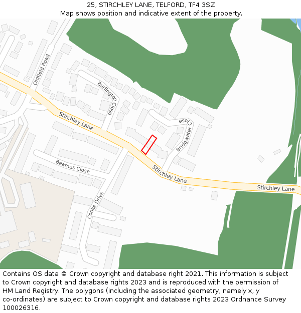 25, STIRCHLEY LANE, TELFORD, TF4 3SZ: Location map and indicative extent of plot