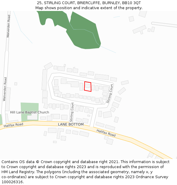 25, STIRLING COURT, BRIERCLIFFE, BURNLEY, BB10 3QT: Location map and indicative extent of plot