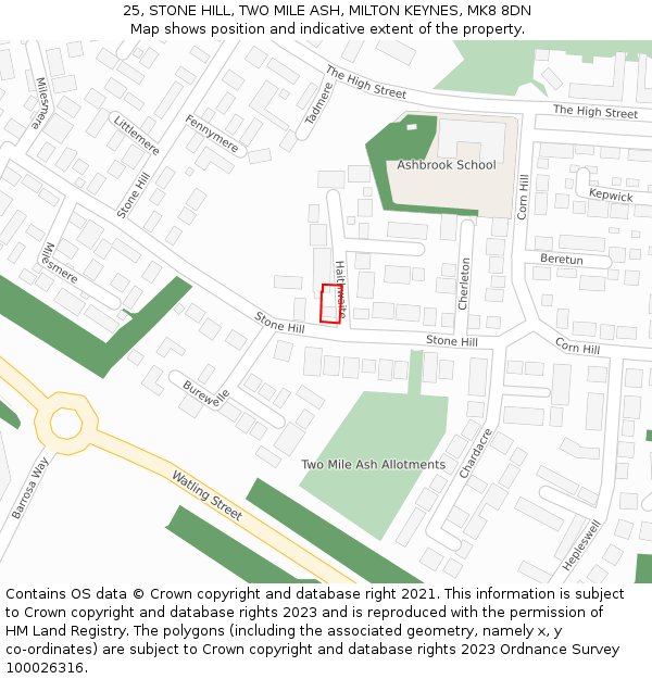 25, STONE HILL, TWO MILE ASH, MILTON KEYNES, MK8 8DN: Location map and indicative extent of plot