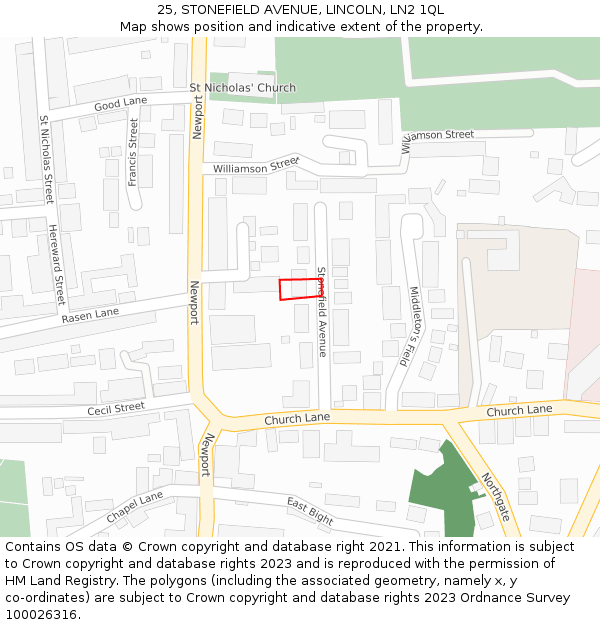 25, STONEFIELD AVENUE, LINCOLN, LN2 1QL: Location map and indicative extent of plot