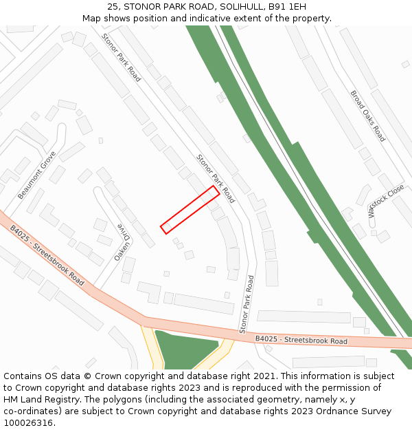 25, STONOR PARK ROAD, SOLIHULL, B91 1EH: Location map and indicative extent of plot