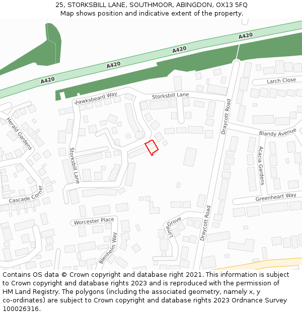 25, STORKSBILL LANE, SOUTHMOOR, ABINGDON, OX13 5FQ: Location map and indicative extent of plot