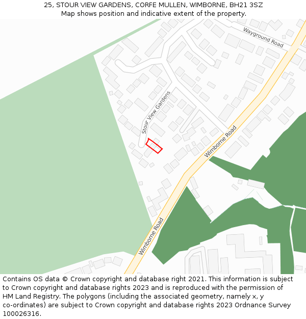25, STOUR VIEW GARDENS, CORFE MULLEN, WIMBORNE, BH21 3SZ: Location map and indicative extent of plot