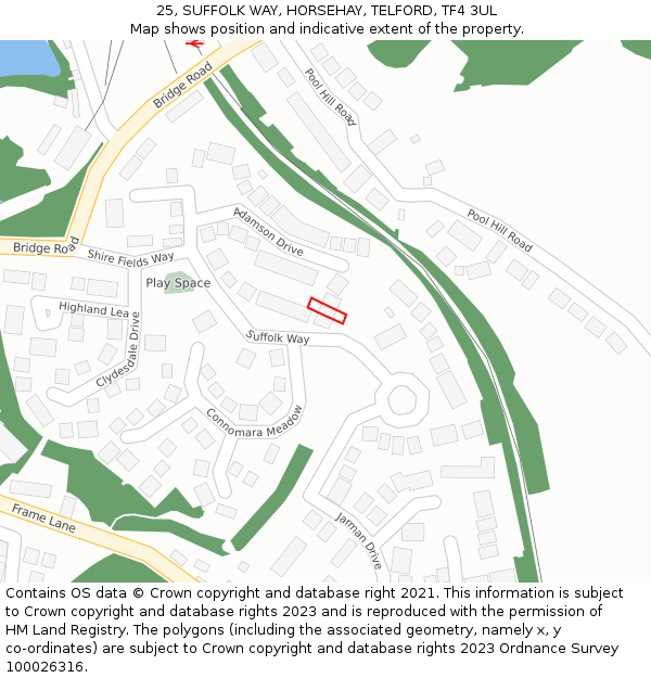 25, SUFFOLK WAY, HORSEHAY, TELFORD, TF4 3UL: Location map and indicative extent of plot