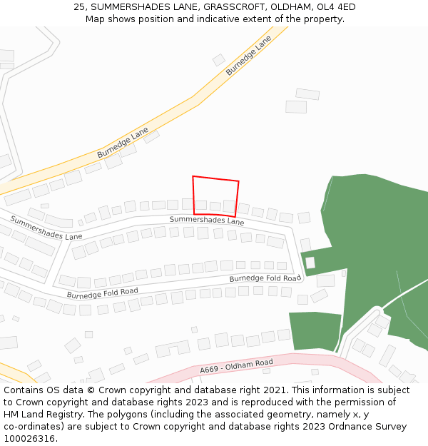 25, SUMMERSHADES LANE, GRASSCROFT, OLDHAM, OL4 4ED: Location map and indicative extent of plot