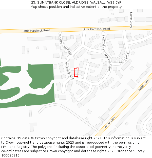 25, SUNNYBANK CLOSE, ALDRIDGE, WALSALL, WS9 0YR: Location map and indicative extent of plot
