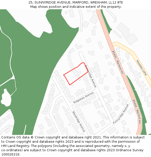 25, SUNNYRIDGE AVENUE, MARFORD, WREXHAM, LL12 8TE: Location map and indicative extent of plot