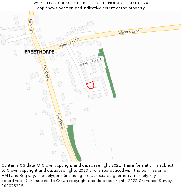 25, SUTTON CRESCENT, FREETHORPE, NORWICH, NR13 3NX: Location map and indicative extent of plot