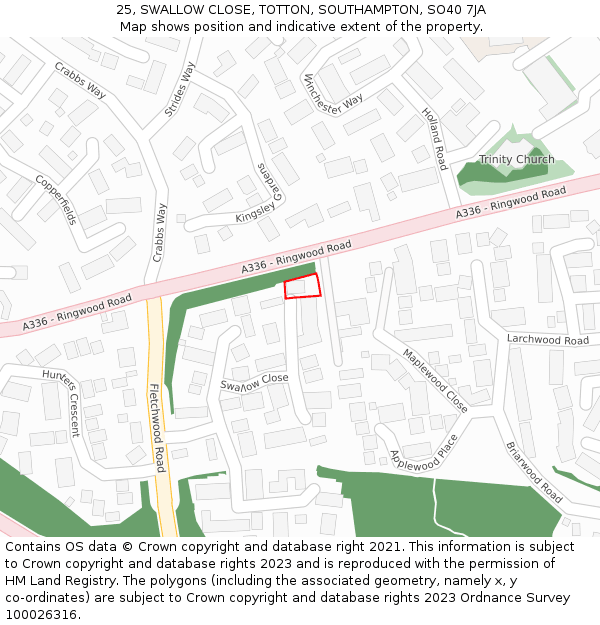 25, SWALLOW CLOSE, TOTTON, SOUTHAMPTON, SO40 7JA: Location map and indicative extent of plot