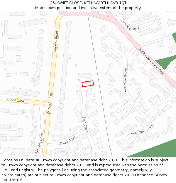 25, SWIFT CLOSE, KENILWORTH, CV8 1QT: Location map and indicative extent of plot