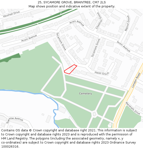 25, SYCAMORE GROVE, BRAINTREE, CM7 2LS: Location map and indicative extent of plot