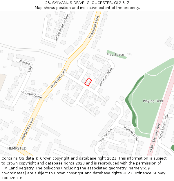25, SYLVANUS DRIVE, GLOUCESTER, GL2 5LZ: Location map and indicative extent of plot