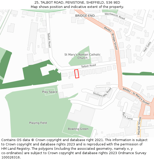 25, TALBOT ROAD, PENISTONE, SHEFFIELD, S36 9ED: Location map and indicative extent of plot