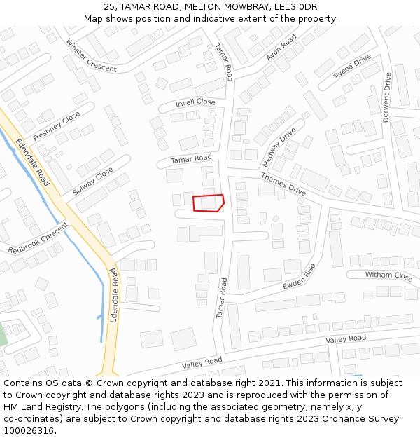 25, TAMAR ROAD, MELTON MOWBRAY, LE13 0DR: Location map and indicative extent of plot