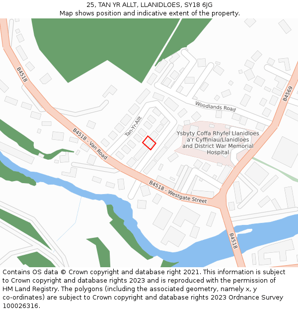 25, TAN YR ALLT, LLANIDLOES, SY18 6JG: Location map and indicative extent of plot