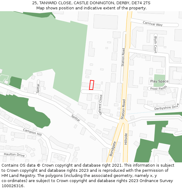 25, TANYARD CLOSE, CASTLE DONINGTON, DERBY, DE74 2TS: Location map and indicative extent of plot