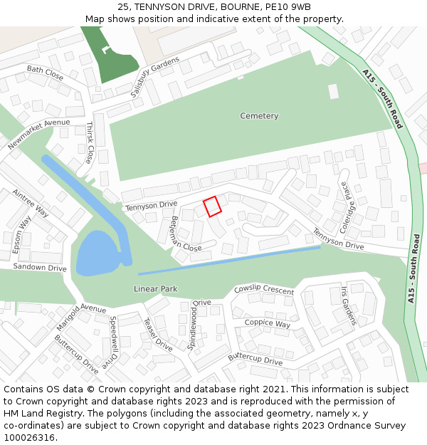 25, TENNYSON DRIVE, BOURNE, PE10 9WB: Location map and indicative extent of plot