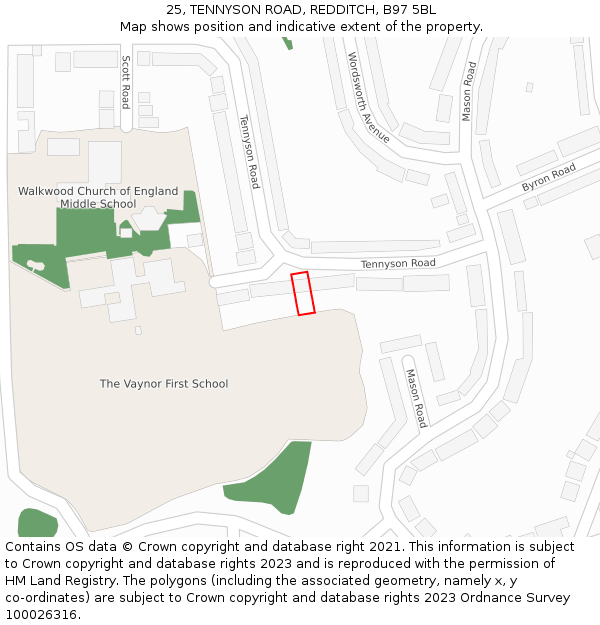 25, TENNYSON ROAD, REDDITCH, B97 5BL: Location map and indicative extent of plot