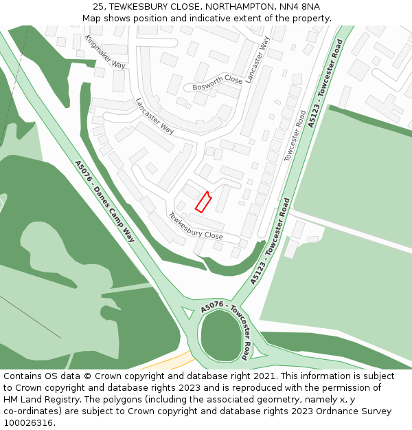 25, TEWKESBURY CLOSE, NORTHAMPTON, NN4 8NA: Location map and indicative extent of plot