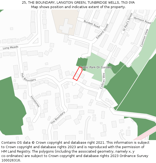 25, THE BOUNDARY, LANGTON GREEN, TUNBRIDGE WELLS, TN3 0YA: Location map and indicative extent of plot