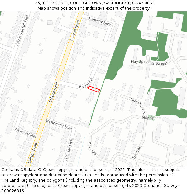 25, THE BREECH, COLLEGE TOWN, SANDHURST, GU47 0PN: Location map and indicative extent of plot