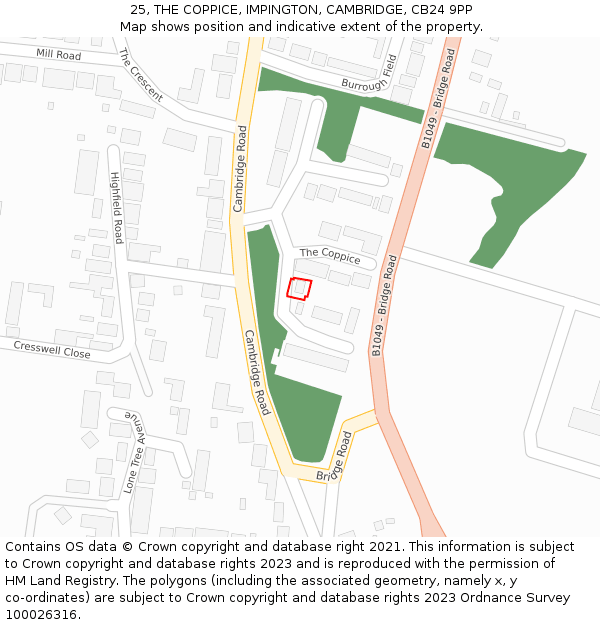 25, THE COPPICE, IMPINGTON, CAMBRIDGE, CB24 9PP: Location map and indicative extent of plot