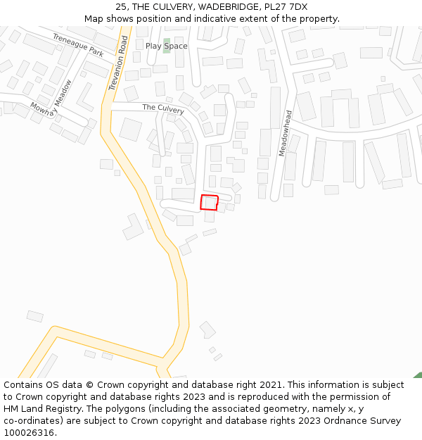 25, THE CULVERY, WADEBRIDGE, PL27 7DX: Location map and indicative extent of plot