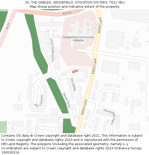 25, THE GABLES, SEDGEFIELD, STOCKTON-ON-TEES, TS21 3EU: Location map and indicative extent of plot