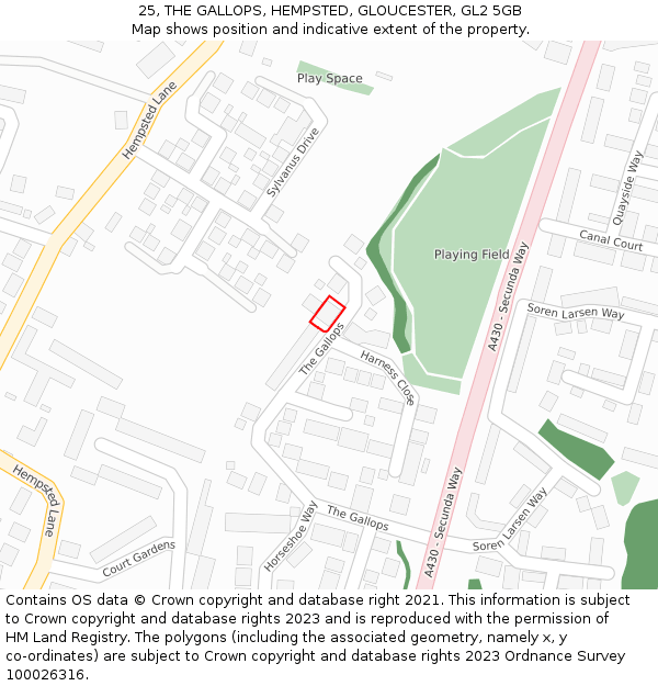 25, THE GALLOPS, HEMPSTED, GLOUCESTER, GL2 5GB: Location map and indicative extent of plot