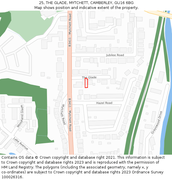 25, THE GLADE, MYTCHETT, CAMBERLEY, GU16 6BG: Location map and indicative extent of plot