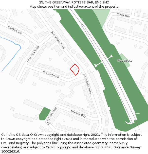 25, THE GREENWAY, POTTERS BAR, EN6 2ND: Location map and indicative extent of plot