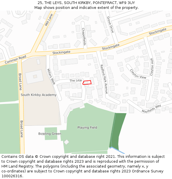 25, THE LEYS, SOUTH KIRKBY, PONTEFRACT, WF9 3UY: Location map and indicative extent of plot