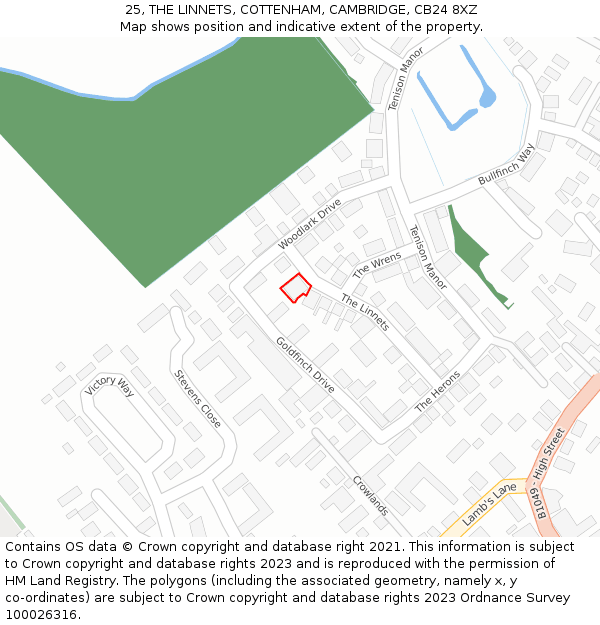 25, THE LINNETS, COTTENHAM, CAMBRIDGE, CB24 8XZ: Location map and indicative extent of plot