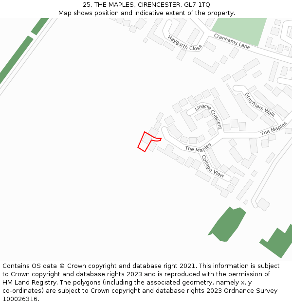 25, THE MAPLES, CIRENCESTER, GL7 1TQ: Location map and indicative extent of plot