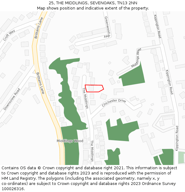 25, THE MIDDLINGS, SEVENOAKS, TN13 2NN: Location map and indicative extent of plot