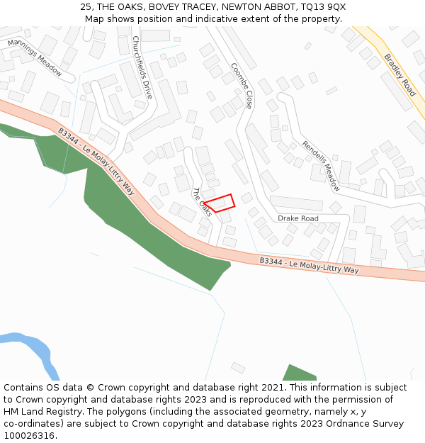 25, THE OAKS, BOVEY TRACEY, NEWTON ABBOT, TQ13 9QX: Location map and indicative extent of plot