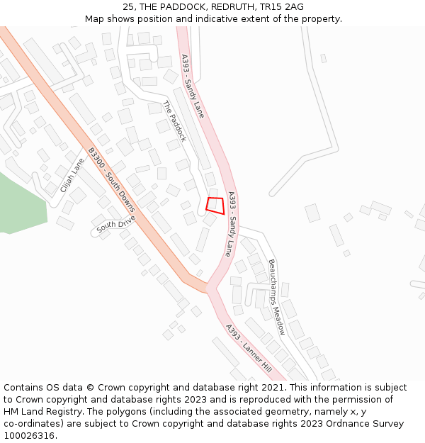 25, THE PADDOCK, REDRUTH, TR15 2AG: Location map and indicative extent of plot