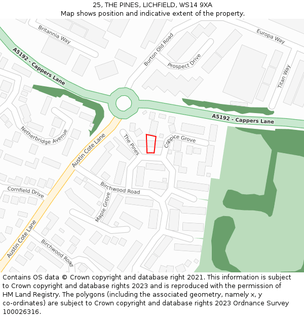 25, THE PINES, LICHFIELD, WS14 9XA: Location map and indicative extent of plot